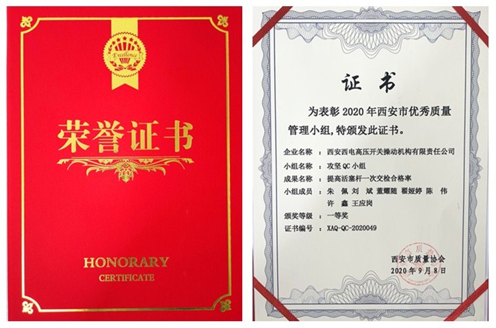 操動機(jī)構(gòu)榮獲西安市 第42屆質(zhì)量管理小組成果一等獎